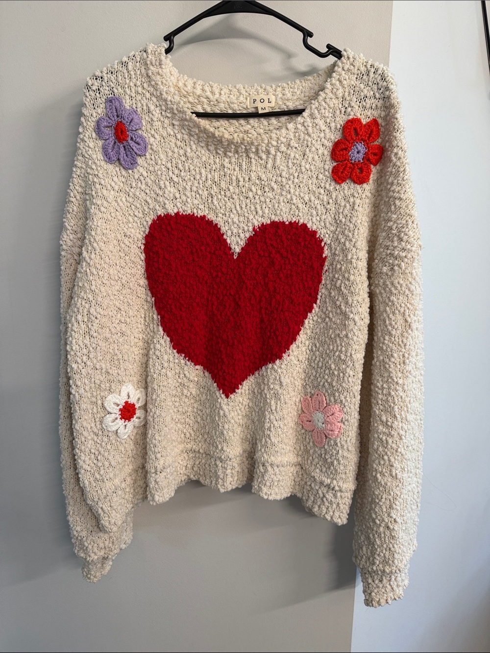 POL Cream Crewneck Sweater with Red Heart and Floral Appliqués